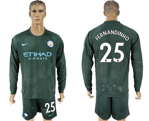 Manchester City #25 Fernandinho Sec Away Long Sleeves Soccer Club Jersey